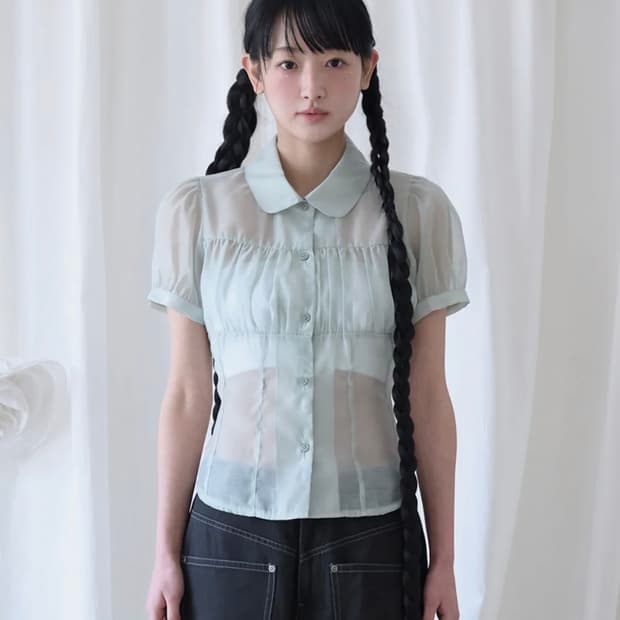 미레코 SHIRRING SHEER BLOUSE PISTACHIO