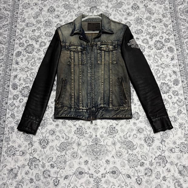 no id leather arm denim jacket