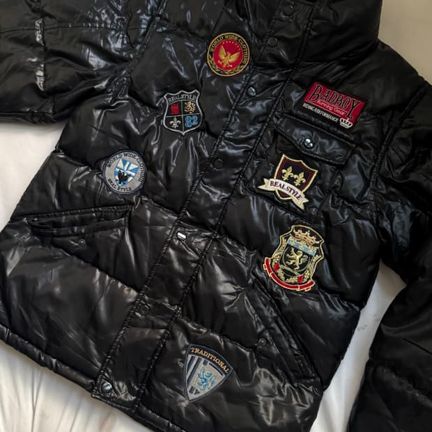 bad boy 패치디테일 하이넥 유광 패딩 자켓 점퍼 락시크 펑크 y2k