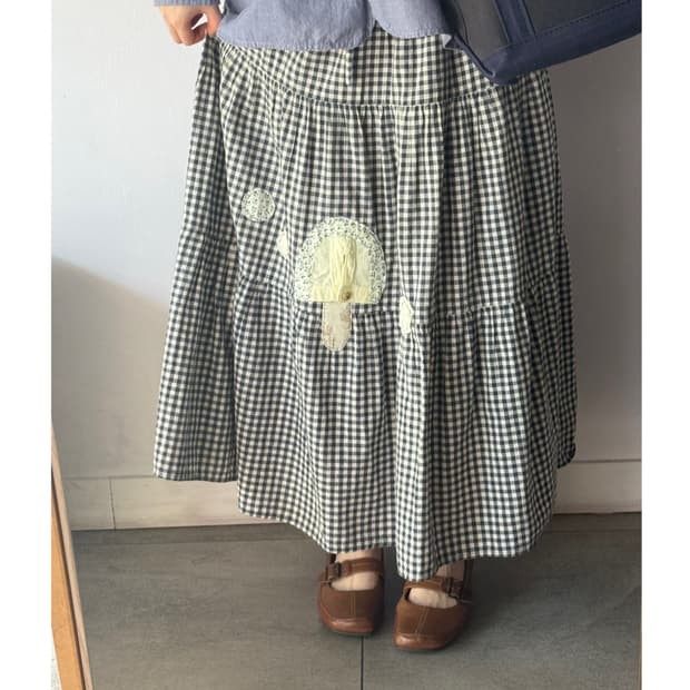 일본빈티지 +수작업패치 버섯패치 깅엄체크 캉캉스커트