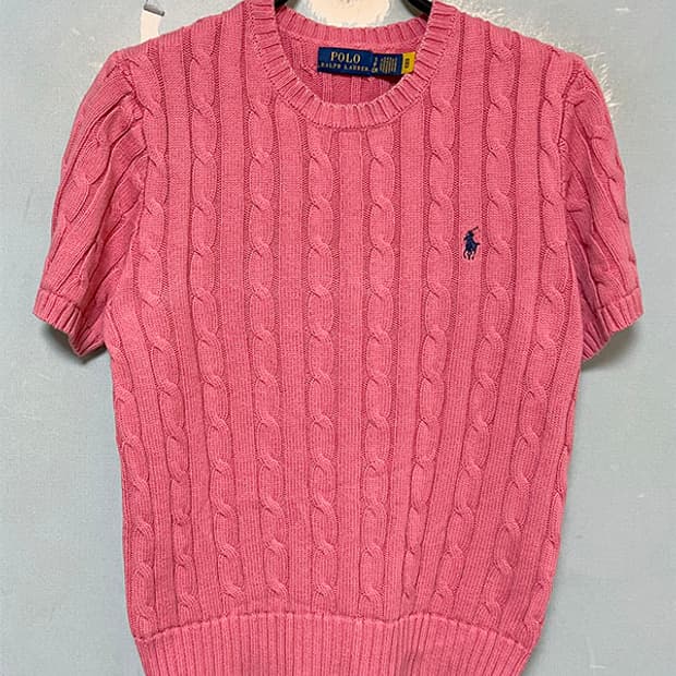 POLO 폴로 여자 꽈배기니트 반팔 라운드넥 기본 여름 S 90 55
