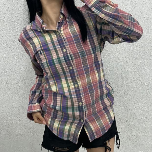 폴로 랄프로렌 네이비포니 핑크체크 셔츠 S