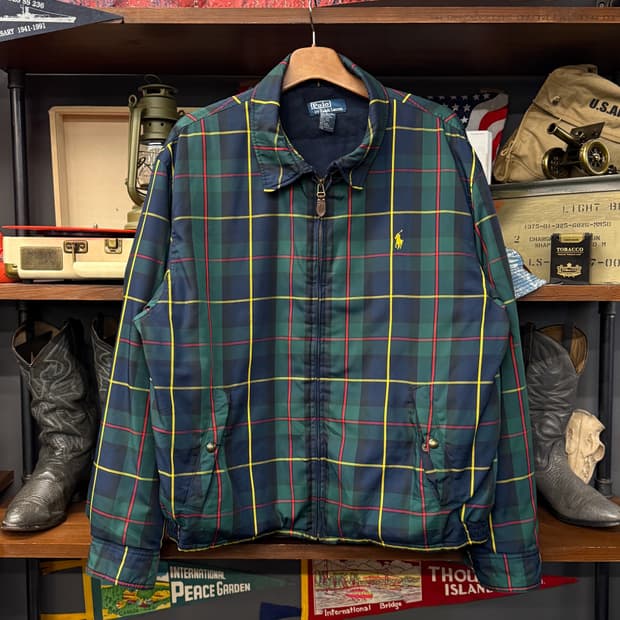 90s 폴로 랄프로렌 블랙 와치 체크 푸퍼 블루종 자켓 스윙탑 