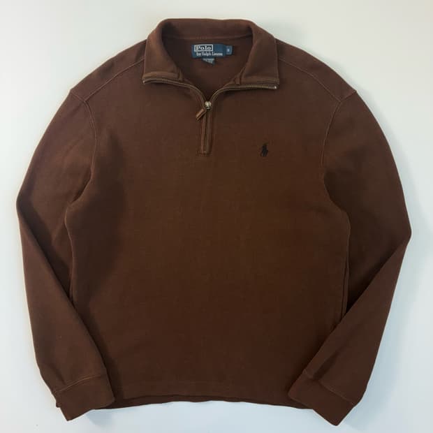 Polo  폴로 랄프로렌 자수 코튼 브라운 반집업 스웨터 