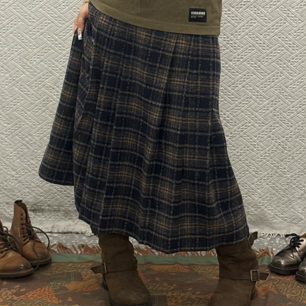 빈티지 코지 모리걸 하구미 체크 울 롱스커트 K0166