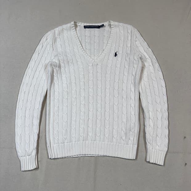 S) 폴로 랄프로렌 코튼 케이블 꽈배기 브이넥 니트 화이트