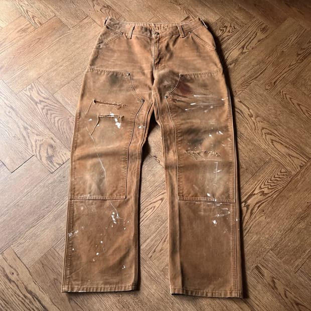 [34]칼하트 USA 빈티지 데미지드 페인팅 브라운 더블니 워크 팬츠