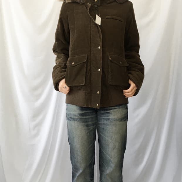 Fake fur hood high neck corduroy jacket