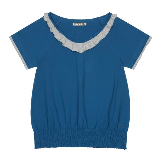 코이세이오 RUFFLE V-NECK SMOCKED T-SHIRT BLUE
