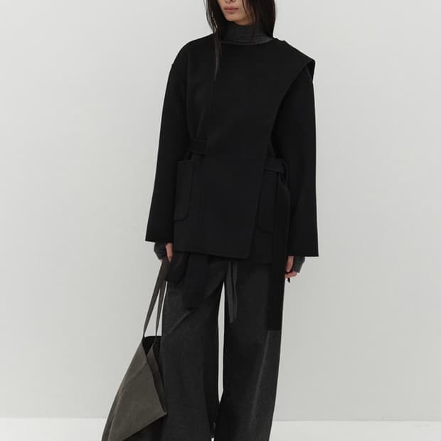 로우타이드 머플러 코트 블랙