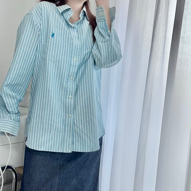 [정품] 폴로 블루 / 블루포니 화이트 스트라이프 포켓 셔츠 [ L ]