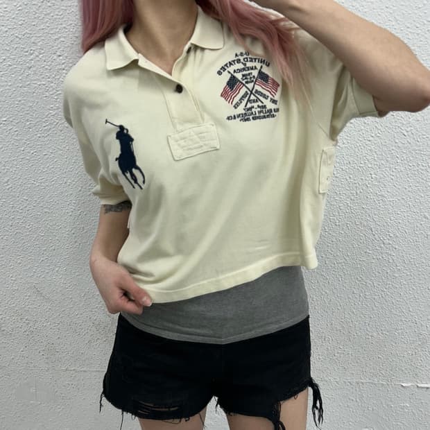 폴로 랄프로렌 네이비 빅포니 성조기자수 아이보리 카라 크롭 반팔 M