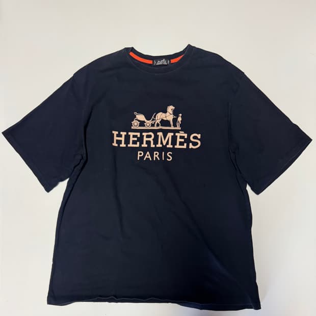 빈티지 에르메스 마차 로고 프린팅 반팔 티셔츠 네이비 L ~ XL
