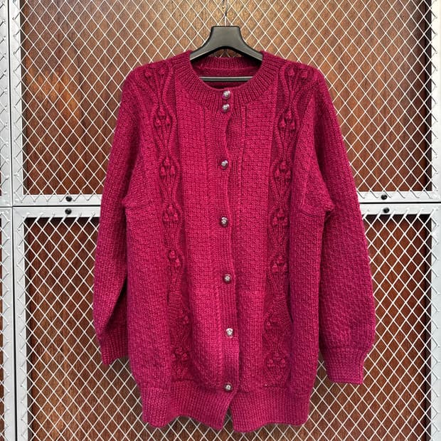 빈티지 버건디 케이블 꽈배기 울 니트 롱 가디건
