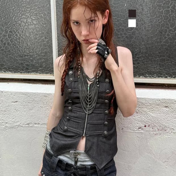 더블펀치 V넥 메탈 더블브레스트 라펠 조끼