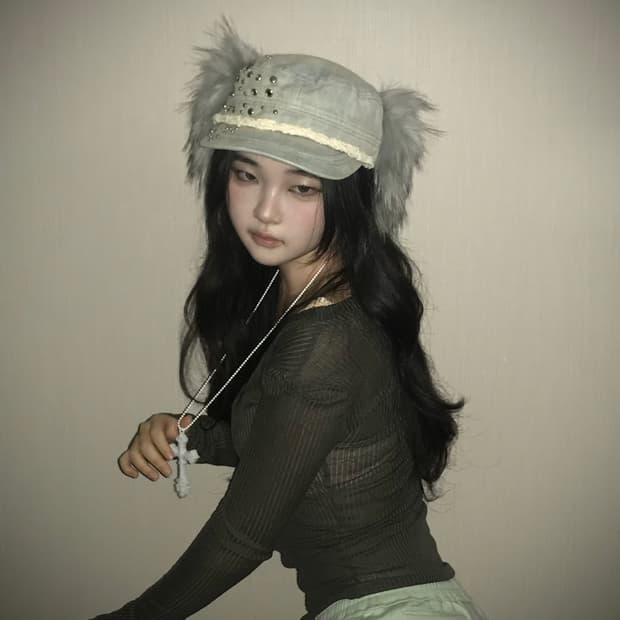 Studded Denim Cap with Faux Fur