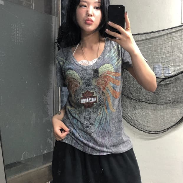 할리데이비슨 타투 프린팅 반팔 탑