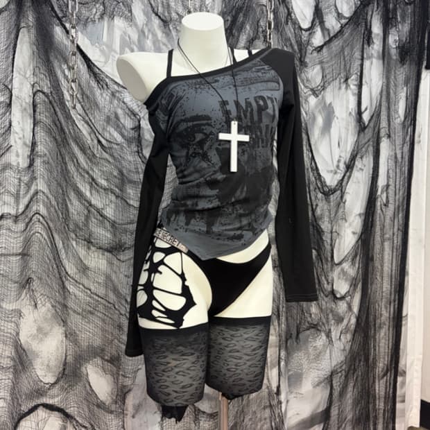 Y2K off-shoulder shirring long sleeve