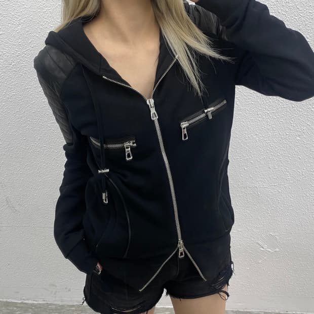 발망 X H&M 레더 숄더 블랙 후드집업 XS