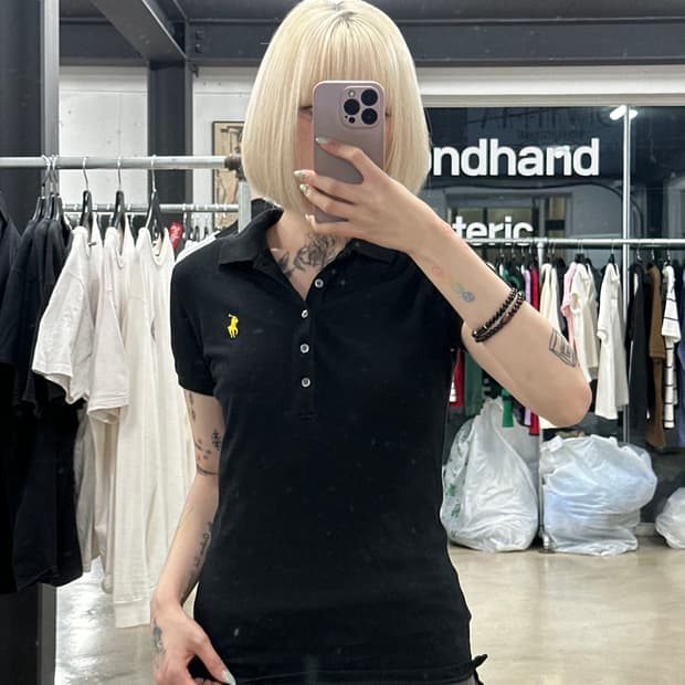 폴로 랄프로렌 슬림핏 블랙 카라 반팔 티셔츠