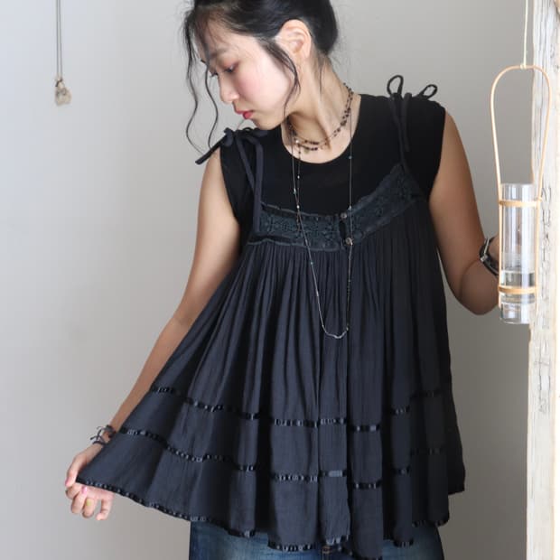 [Beams Boy] Satin Tape Gather Camisole