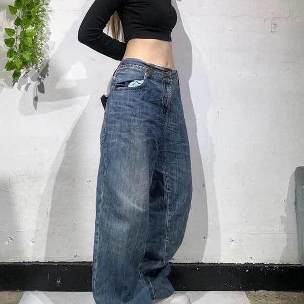 90s Marc ecko 중청 와이드 데미지 워싱 데님 팬츠 청바지 