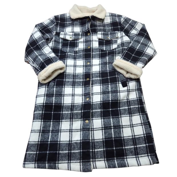 블랙/화이트 체크 패턴 플리스 안감 코트