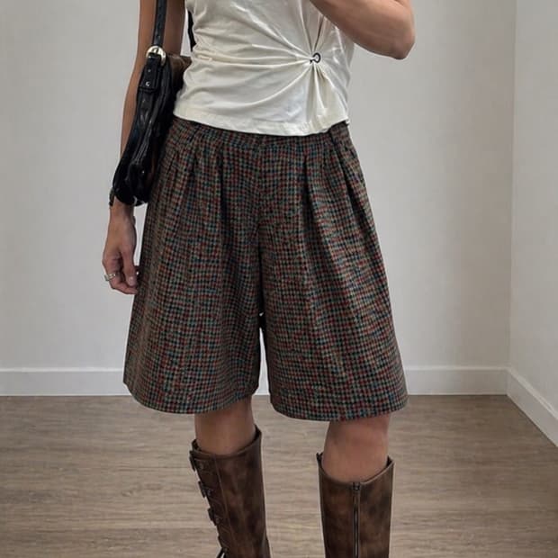 일본 빈티지 핀턱 와이드 체그 울 숏펜츠