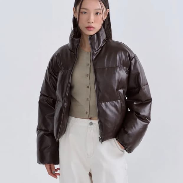 [새상품, S] 무신사스탠다드 우먼즈 비건레더푸퍼 숏 패딩자켓 브라운