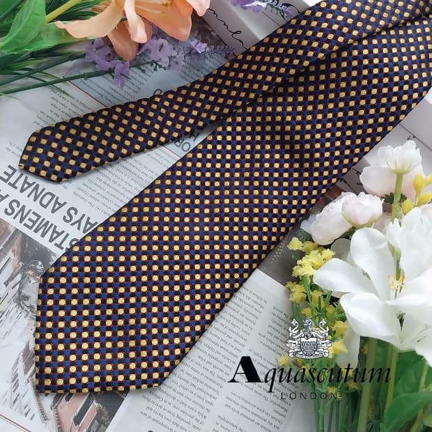 아쿠아스큐텀 실크 네이비 체크 도트 넥타이 9.3cm A+등급 K1215