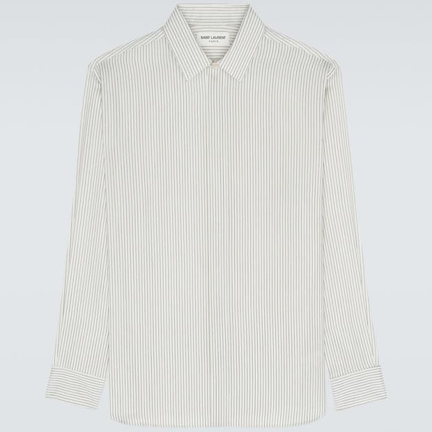 [차은우님 착용] 생로랑 23ss 이브 카라 실크 스트라이프 셔츠