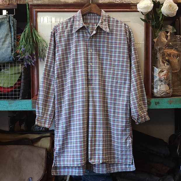 60s 프랑스 워크셔츠 가드너 체크 빈티지 셔츠 롱 튜닉 셔츠 프렌치s
