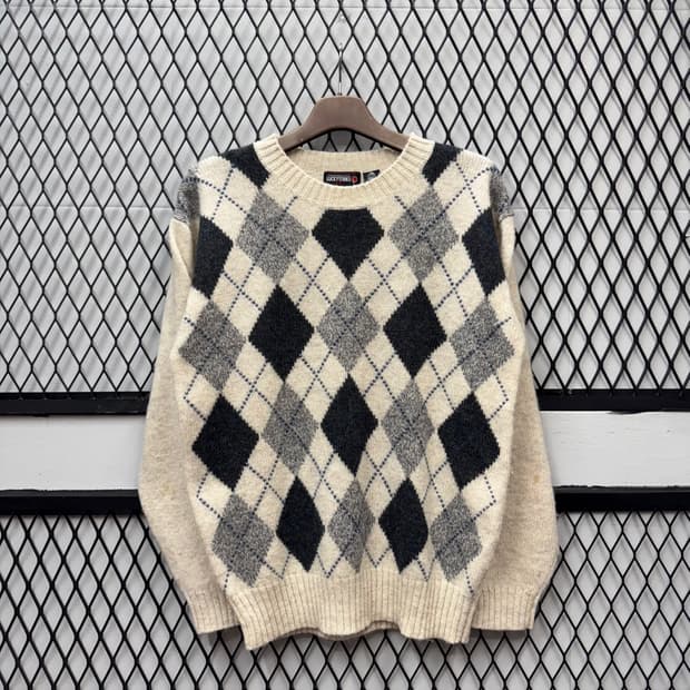 JPN VTG 아가일 패턴 울 니트 스웨터 루즈핏 아이보리