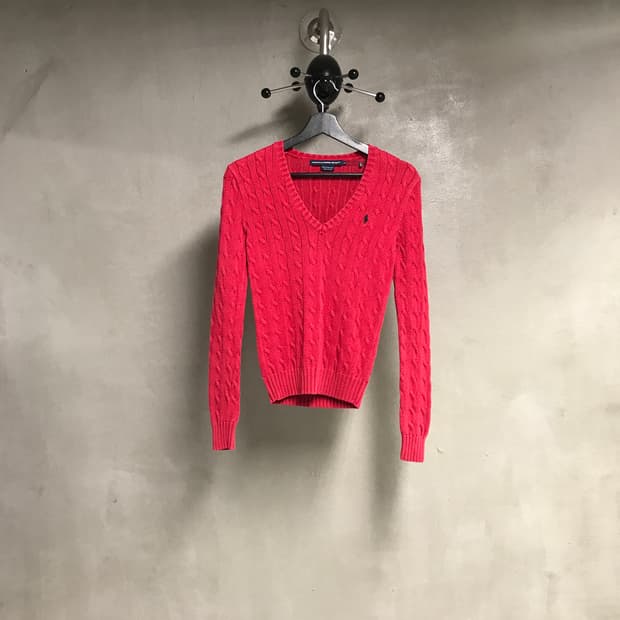 폴로 랄프로렌 브이넥 케이블 니트 레드 S(W) 
