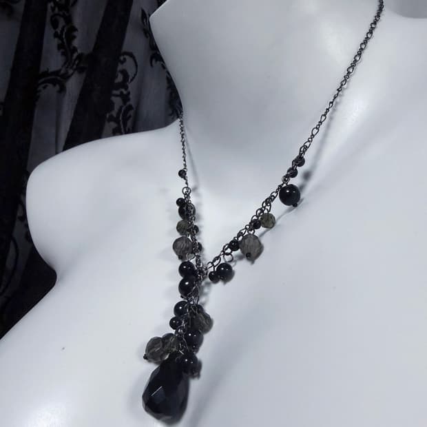 ༒ NECKLACE 003 물방울 크리스탈 드롭 블랙 그레이 네크리스