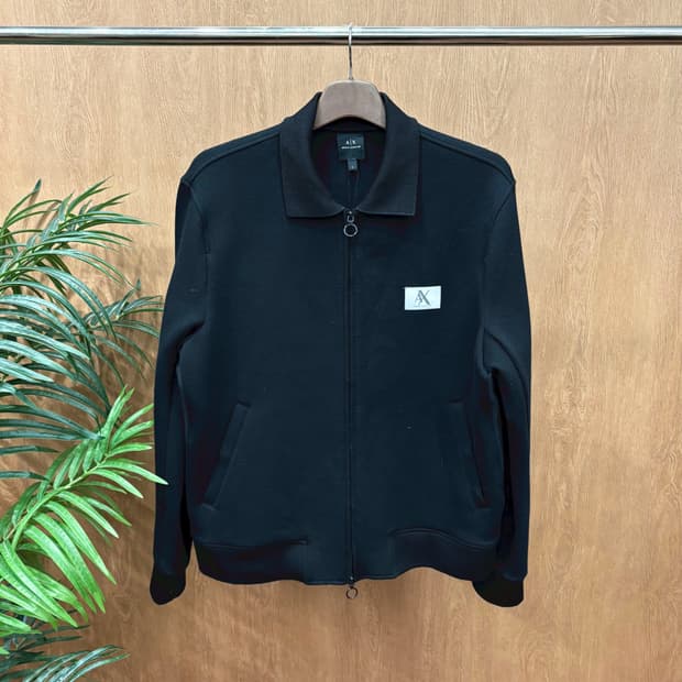 아르마니 익스체인지 카라 자켓 로고 패치 메시 배색 카라 디테일 블랙