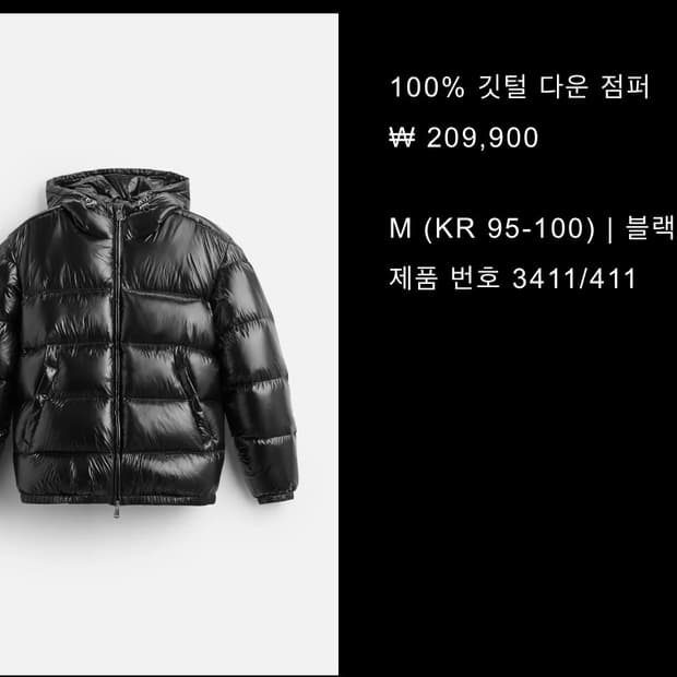 자라 유광패딩 m