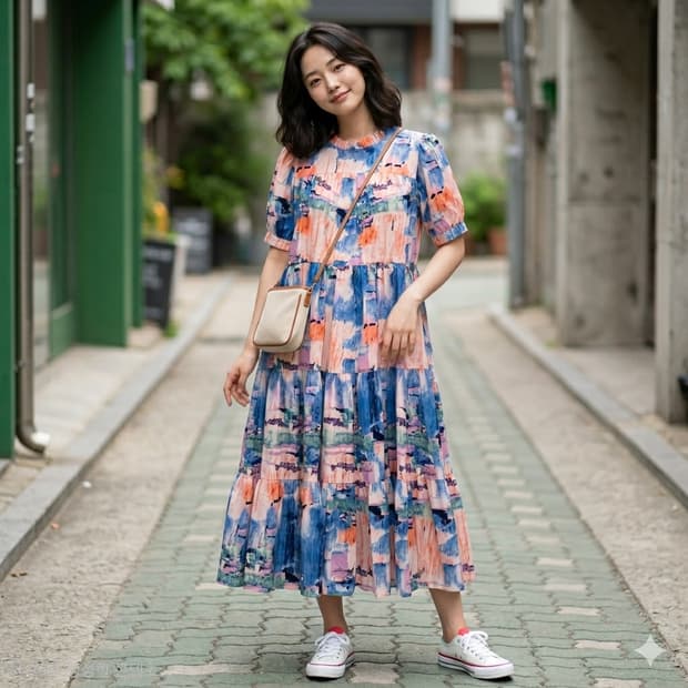 에보 서울(evo seoul) 추상화 패턴 티어드 롱 원피스