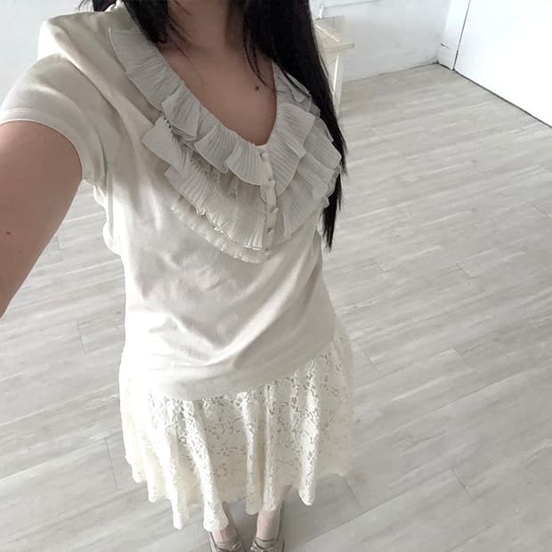 Light Yellow Gray Ruffle Detail Top