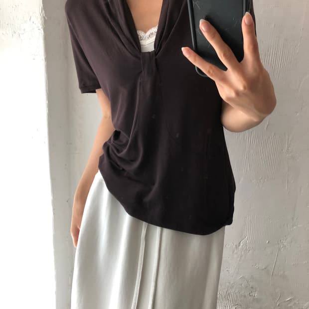 MaxMara 막스마라 브라운 비스코스 카라 브이넥 블라우스