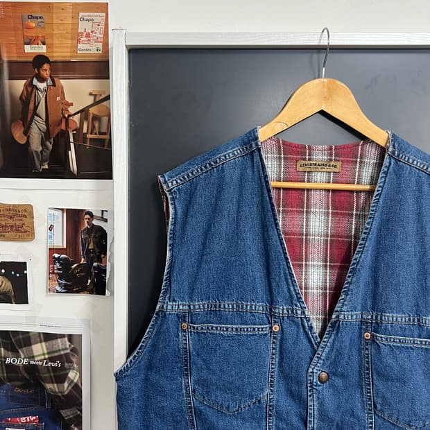90s Levis USA 리버시블 체크 데님 웨스턴 베스트 