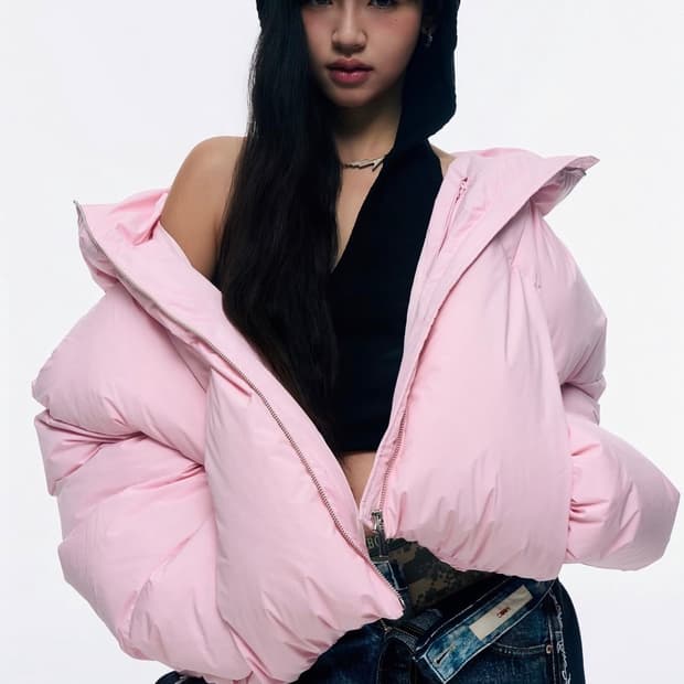 HWASAN 화산 크롭 더블넥 버블 패딩 핑크