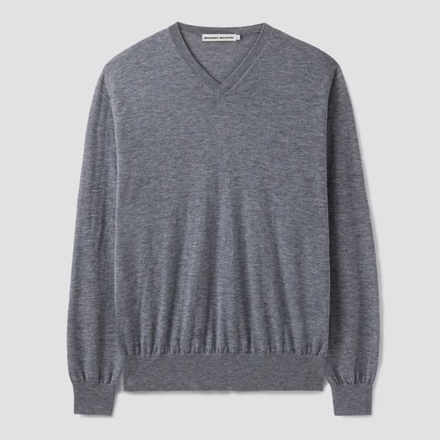 (L) 브랜디드 에센셜 슈퍼파인 브이넥 니트 멜란지그레이