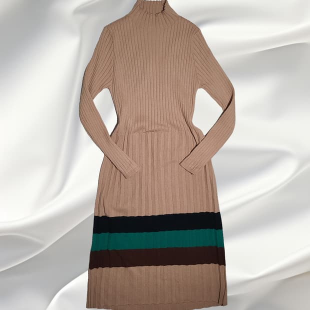 일본 빈티지 배색 골지 니트 롱 원피스