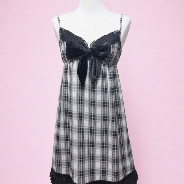 갸루 벨벳 리본 체크 원피스