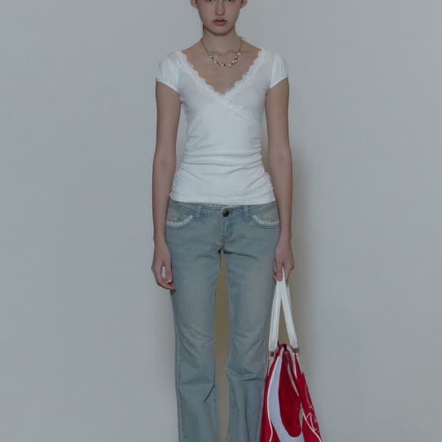 스컬프터 Lace Trim Wrap Tee White