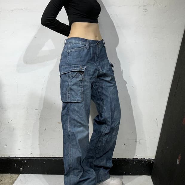 일본 빈티지 중청 대대장 와이드 포켓 디테일 데님 카고 팬츠 청바지 L