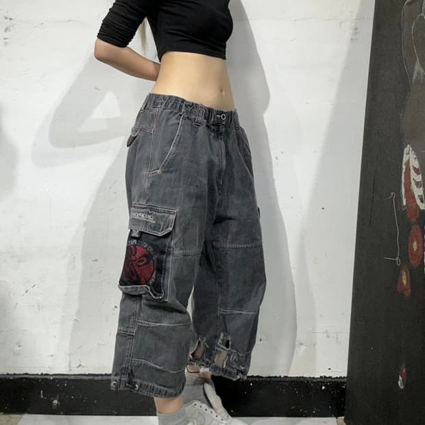 피코 흑청 힙합 반바지 데님 하프 카고 팬츠 버뮤다 바지 L