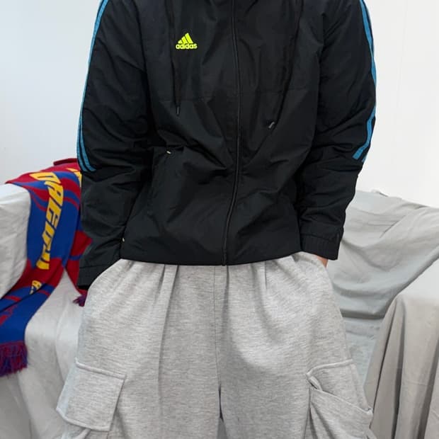 아디다스 올드스쿨 블랙 블루 후드 바람막이 S
