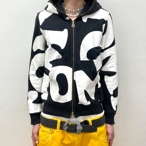 White Bold Printed Black Hooded Zip-Up